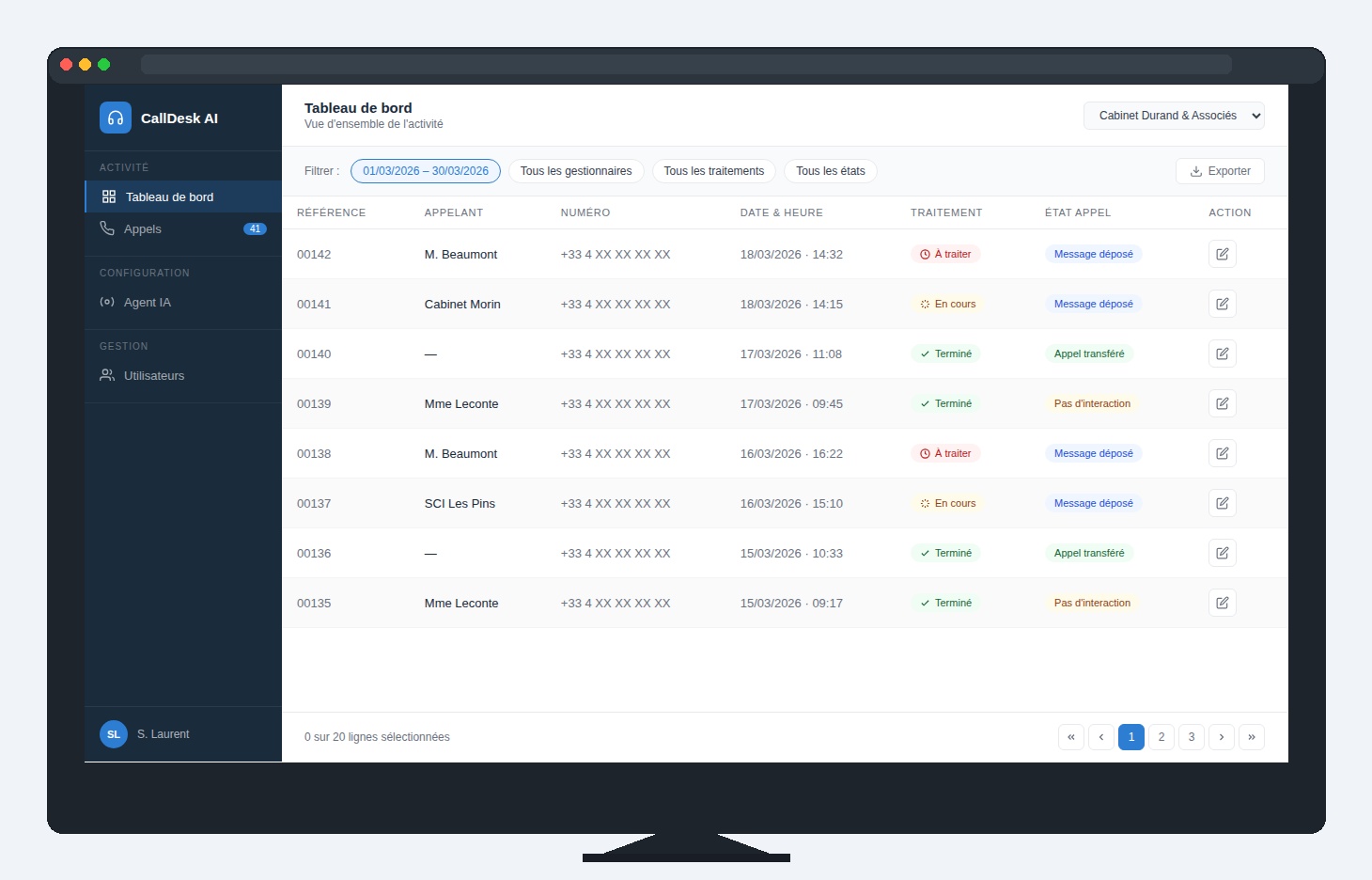 Interface desktop de suivi des appels