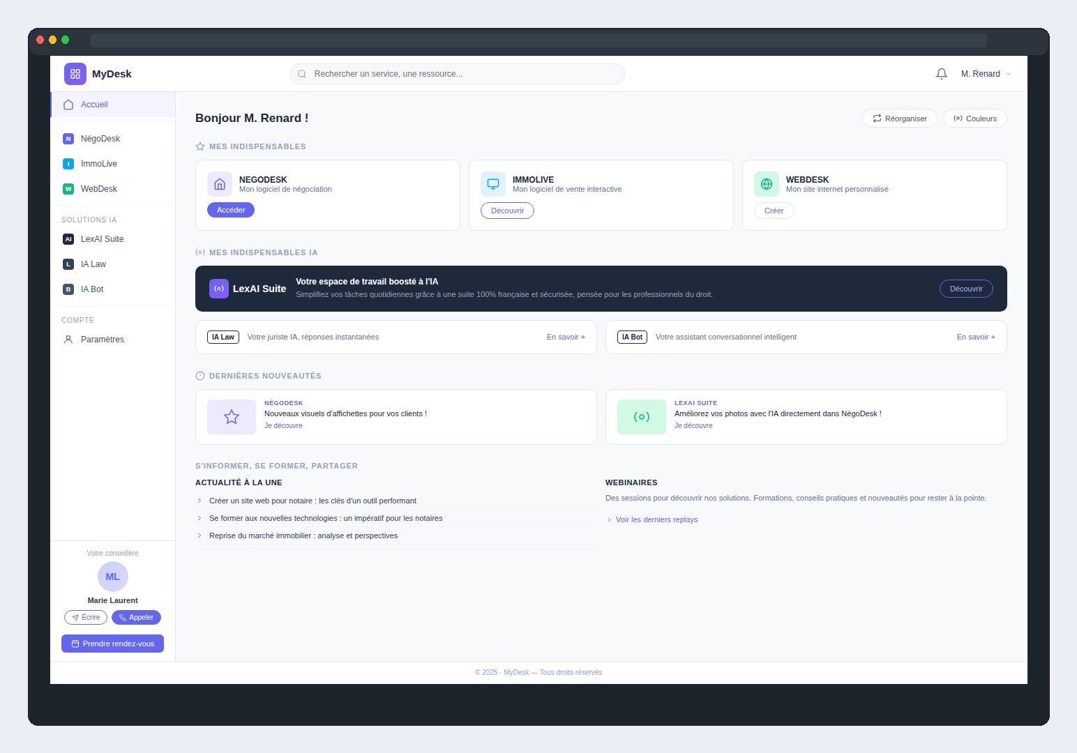 Interface desktop du hub de services